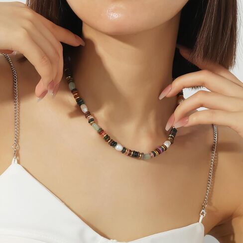 Beaded Gemstone Necklace for Women, Colorful Boho Bead Choker Necklace Natural Stone Freshwater Pearl Surfer Beach Necklace 14K Gold Plated Summer Handmade Jewelry Gifts in Saudi Arabia