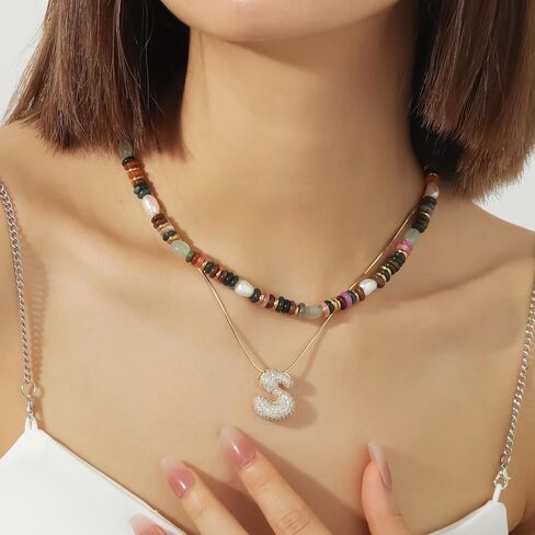 Beaded Gemstone Necklace for Women, Colorful Boho Bead Choker Necklace Natural Stone Freshwater Pearl Surfer Beach Necklace 14K Gold Plated Summer Handmade Jewelry Gifts in Saudi Arabia