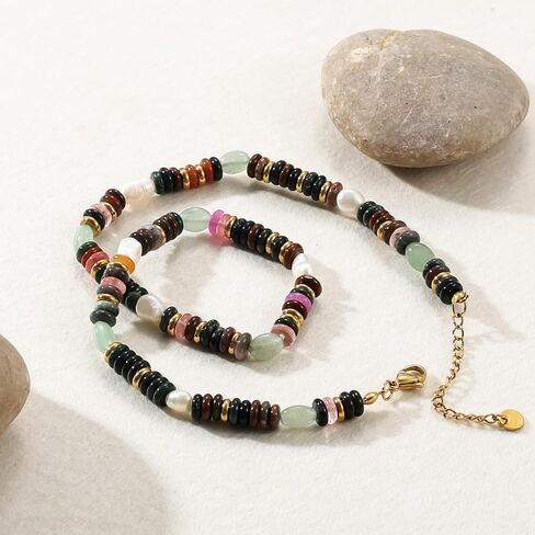 Beaded Gemstone Necklace for Women, Colorful Boho Bead Choker Necklace Natural Stone Freshwater Pearl Surfer Beach Necklace 14K Gold Plated Summer Handmade Jewelry Gifts in Saudi Arabia