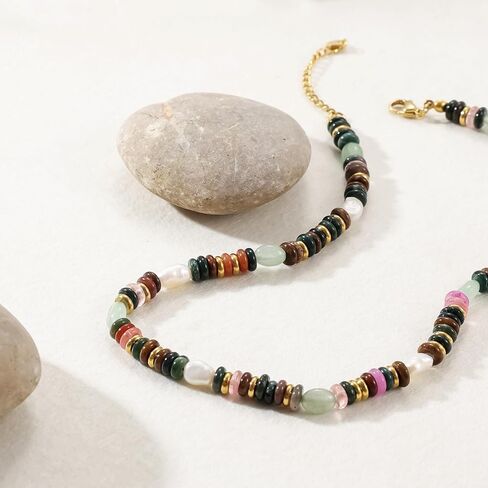 Beaded Gemstone Necklace for Women, Colorful Boho Bead Choker Necklace Natural Stone Freshwater Pearl Surfer Beach Necklace 14K Gold Plated Summer Handmade Jewelry Gifts in Saudi Arabia