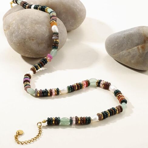 Beaded Gemstone Necklace for Women, Colorful Boho Bead Choker Necklace Natural Stone Freshwater Pearl Surfer Beach Necklace 14K Gold Plated Summer Handmade Jewelry Gifts in Saudi Arabia