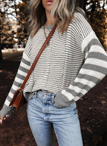 EVALESS Womens Striped Sweaters Fall Winter 2024 Trendy Fashion Cable Knit Pullover Sweater in Saudi Arabia