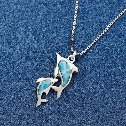 Aloha Jewelry Company Sterling Silver Natural Larimar Dolphin Necklace Pendant With 18" Box Chain in Saudi Arabia