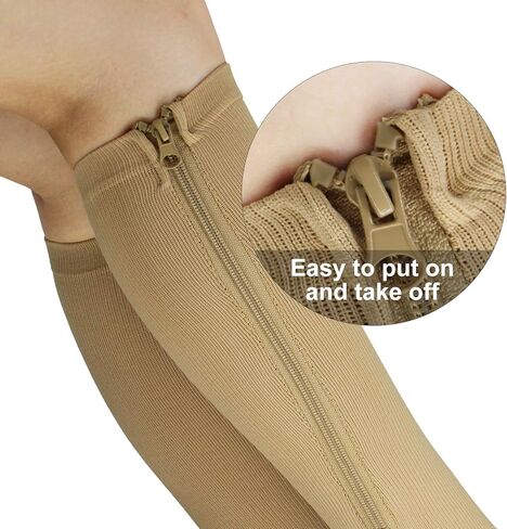 3 أزواج جوارب ضاغطة بسحاب للنساء مع جوارب دعم مفتوح اصبع القدم بدون أصابع سهلة على الجوارب العالية للركبة, أسود وبني ورمادي, XXL in Kuwait