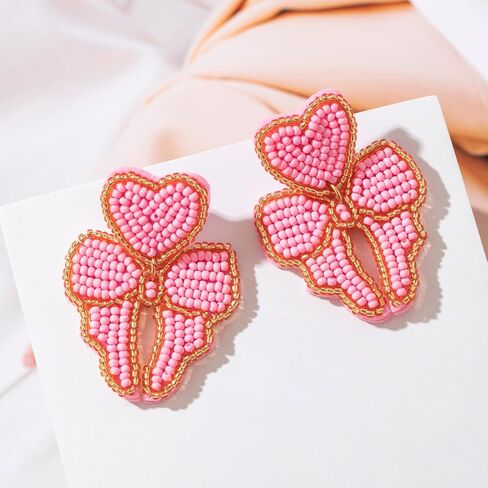 Beaded Bow Dangle Earrings Cute - Handmade Statement Ribbon Drop Earrings for Party or Wedding in Saudi Arabia