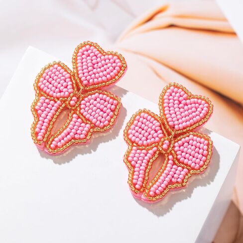 Beaded Bow Dangle Earrings Cute - Handmade Statement Ribbon Drop Earrings for Party or Wedding in Saudi Arabia
