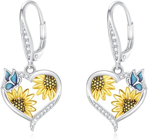 أقراط على شكل قلب عباد الشمس S925 من الفضة الإسترليني أقراط عباد الشمس على شكل قلب أقراط متدلية على شكل عباد الشمس مجوهرات عباد الشمس لعيد الأم وعيد الميلاد in Kuwait