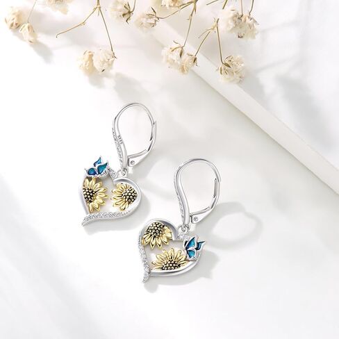 أقراط على شكل قلب عباد الشمس S925 من الفضة الإسترليني أقراط عباد الشمس على شكل قلب أقراط متدلية على شكل عباد الشمس مجوهرات عباد الشمس لعيد الأم وعيد الميلاد in Kuwait