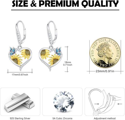 أقراط على شكل قلب عباد الشمس S925 من الفضة الإسترليني أقراط عباد الشمس على شكل قلب أقراط متدلية على شكل عباد الشمس مجوهرات عباد الشمس لعيد الأم وعيد الميلاد in Kuwait