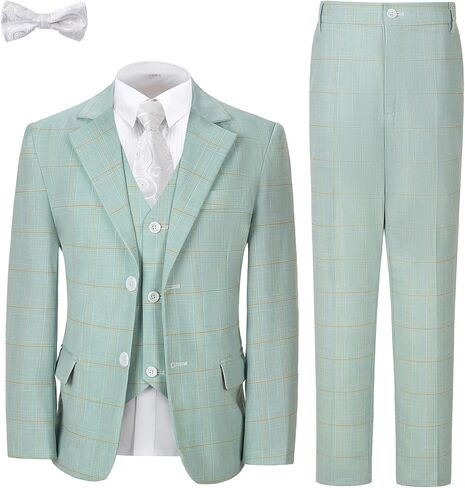 Boys Formal Suit Set Kids Toddler Tuxedo Slim Fit Plaid Suits for Teenage Boys 5-Piece Wedding Party Outfit in Saudi Arabia