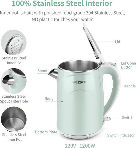 MEISON Electric Kettle, 1.7 L Double Wall Food Grade Stainless Steel Interior Water Boiler, Coffee Pot & Tea Kettle, Auto Shut-Off and Boil-Dry Protection, 1200W, 2 Year Warranty(Black) in Kuwait