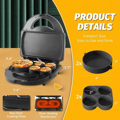 Sous Vide Style Egg Bite Maker Machine with 4 Silicone Molds, Grilled Cheese Maker, Mini Griddle, Ideal for Breakfast Sandwiches, Snacks, Desserts, 8 Mini Egg Bites & 2 Large Egg Bites in Saudi Arabia
