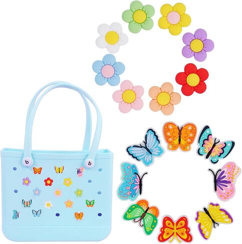 16pcs Flower Charms Accessories for Bogg Bag, Butterfly Decoration Charms for Women Girls, Cute Insert Decorative Charms Rubber Beach Tote Bag Accessories in Saudi Arabia