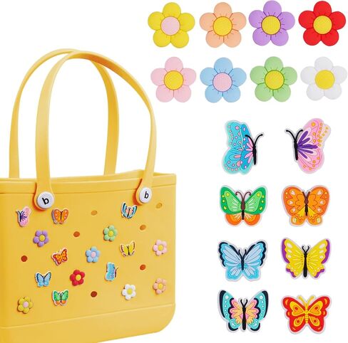 16pcs Flower Charms Accessories for Bogg Bag, Butterfly Decoration Charms for Women Girls, Cute Insert Decorative Charms Rubber Beach Tote Bag Accessories in Saudi Arabia