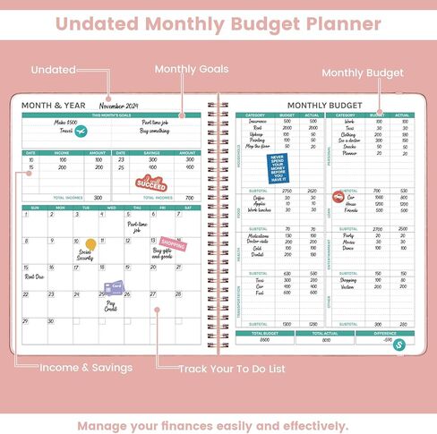 مخطط الميزانية - كتاب الميزانية الشهرية مع متتبع الفواتير، منظم الفواتير والمخطط المالي للتحكم في أموالك، 8 بوصة × 10 بوصة، دفتر حساب 2025 لتتبع نفقاتك - ذهبي وردي in Kuwait