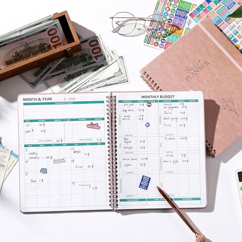 مخطط الميزانية - كتاب الميزانية الشهرية مع متتبع الفواتير، منظم الفواتير والمخطط المالي للتحكم في أموالك، 8 بوصة × 10 بوصة، دفتر حساب 2025 لتتبع نفقاتك - ذهبي وردي in Kuwait