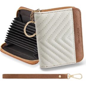 BOSTANTEN Credit Card Holder Wallet RFID Blocking Leather Small Wallet for Women Zipper Keychain Wallet with Wristlet Beige＆Brown