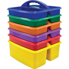 Teacher Created Resources Assorted Primary Colors Portable Plastic Storage Caddy 6-Pack for Classrooms, Kids Room, and Office Organization, (Blue, Green, Orange, Purple, Red and Yellow) 3 Compartment