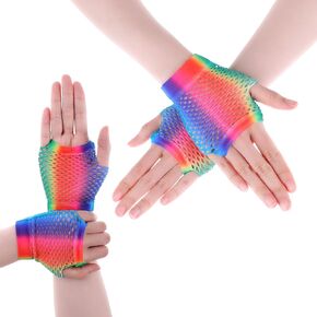 Yolev Rainbow Fingerless Fishnet Gloves 2 Pairs Long Fishnet Mesh Fingerless Gloves 80s Short Fishnet Gloves 80s 90s Party Cosplay Costume Accessories for Women and Girls