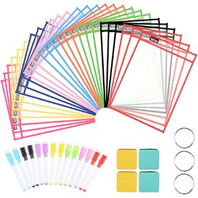 Dry Erase Pockets - 30 Pack，Oversized Reusable Dry Erase Sleeves, Multicolored Dry Erase Pocket Sleeves for Classroom Organization & Teaching Supplies