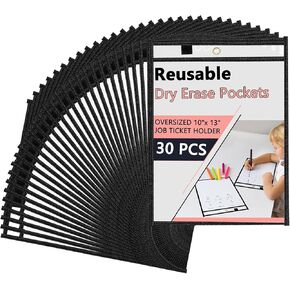 Antner 30 Packs Oversized Dry Erase Pockets Reusable Sleeves 10x13 Job Ticket Holders, Clear Plastic Dry Erase Pouches Heavy Duty Sheet Protectors for Teacher School Classroom Office Supplies, Black