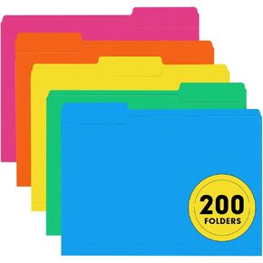 File Folder, RAZCC 200 Pack 1/3 Cut Tab Colored Folders, Colored File Folder Letter Size for Office Classroom Use, Folders with Tabs Assorted 5 Colors
