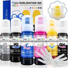 Printers Jack 600ML Sublimation Ink for ET-8500 ET-8550 Wide-Format Supertank Printers Heat Press Transfer on T-Shirt Tumblers (6x100ML, BK PB C M Y GY) Bigger Bottles with More Ink to Fill The Tanks