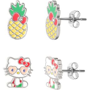 Sanrio Womens Pink Skull and Kuromi Earrings Set 2 Pairs - Silver Plate and Enamel Sanrio Stud Earrings Officially Licensed