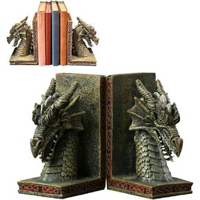 Dragon Book End, Decorative Dragon Bookends, Unique Bookends for Heavy Books, 1 Pair Vintage Cool Dragon Statue for Shelves, Resin Dragon Book Stopper for Bookshelf, Gifts for Book Lover