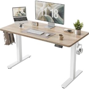 Standing Desk 47 x 24 inch, Electric Height Adjustable Desk with Splice Board, Stand Up Desk with Casters, Sit Stand Desk Computer Desk for Home Office, White Frame/Maple Top