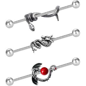 3Pcs 14G 316L Snake Industrial Barbell Cartilage Earring Surgical Steel Dragon Industrial Barbell Cartilage Earring Body Piercing Jewelry for Women Mens