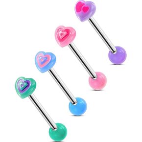 OUFER 4PCS Heart Tongue Rings, 316L Surgical Steel Tongue Piercing Jewelry, Acrylic Rainbow Heart Tongue Piercings, 14G Tongue Ring Balls, Cute Tongue Rings for Women Men