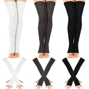 Roshtia 3 Sets Winter over Knee Leg Warmers Socks and Long Arm Warmers Fingerless Gloves with Thumb Hole for Women Knit Thigh High Footless Socks