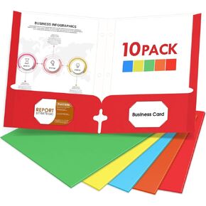 Folders with Pockets, 2 Paper Folders with Pockets (10 Pack, Assorted Colors), File Folders Letter Size, 3 Hole Punched with Business Card Slot, File Folders for School Office Home Documents