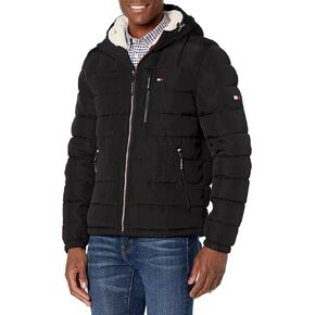 Tommy Hilfiger Men's Midweight Sherpa Lined Hooded Water Resistant Puffer Jacket, Pearlized Black, Small