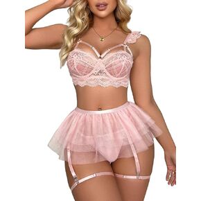 Sexy Lingerie Set for Women with Garter Belt Wireless Ruffle Skirts 5 pieces Lace Bodysuit Floral Bra Push Up