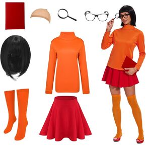 Velma adult Costume Halloween Sexy Women Orange turtleneck Top,Classic Bob Wig,Stockings,Skirt,Glasses Set