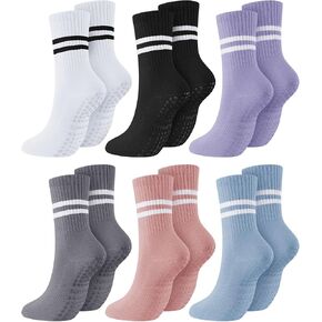 6 Pairs Yoga Socks with Grips for Women Pilates Socks Non Slip Yoga Grip Socks Anti Skid Mid Calf Design for Yoga Pilates Barre Dance Ballet Workouts