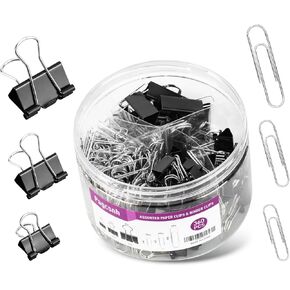 Binder Clips Paper Clips, 360 Pcs Binders & Paperclips Assorted Sizes with Container, Silver Paper Clips & Black Binder Clips Office Supplies, Paper Clamps for Office, Home, School