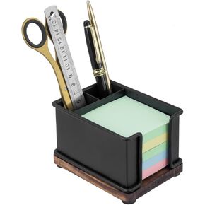 MyGift Modern Industrial Matte Black Metal Office Stationery Organizer with Sticky Note Holder, 2 Pen Storage Compartments and Rustic Burnt Solid Wood Base