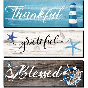 Yookeer 3 Pieces Thankful Grateful Blessed Wooden Signs Coastal Rustic Wood Signs Wood Farmhouse Wall Decor Beach Wood Front Hanging Sign for Farmhouse Outdoor Decor (Coastal Style)
