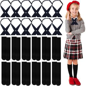 24 Pcs French Girls Uniform Tie Criss Cross Bowtie and Dress Socks Set Include 12 Pcs Adjustable Navy Blue Neck Bowtie and 12 Pairs School Uniform Socks for School Girls Accessories
