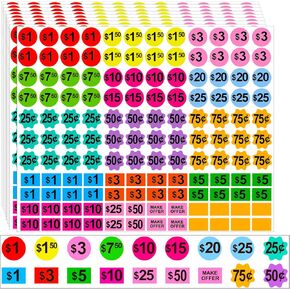 Yard Sale Price Stickers,Garage Sale Stickers with Prices, Removable Pre-Priced Price Tags Stickers, Bright Color Pricing Labels Stickers with Blank Labels for Yard Sale Flea Markets,3 Shape 1980 PCS