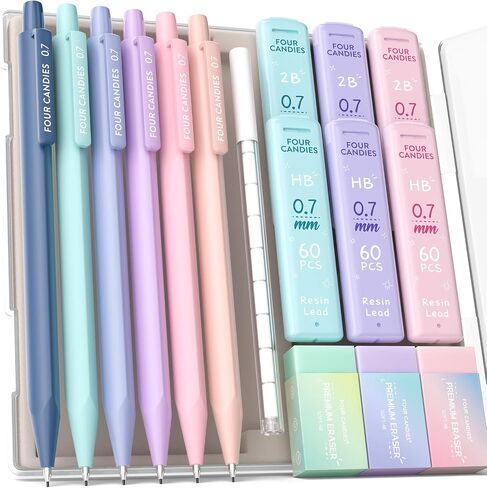 Four Candies Mechanical Pencils 0.7mm, with HB & 2B Lead Refills 0.7, Pastel Eraser Set & Eraser Refills, 16-Count Pack with Case, Cute Aesthetic School Supplies for Writing, Drawing and Sketching in Saudi Arabia