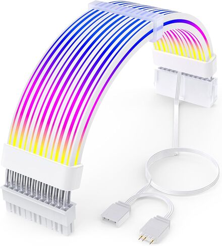 Sirlyr 24 Pin RGB PSU Cables,ARGB PC Cable for Motherboard Power Supply Extension - 5V 3Pin Addressable Four Sides Lighting RGB Strips Decor Computer Case White in Kuwait