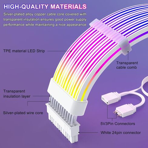 Sirlyr 24 Pin RGB PSU Cables,ARGB PC Cable for Motherboard Power Supply Extension - 5V 3Pin Addressable Four Sides Lighting RGB Strips Decor Computer Case White in Kuwait