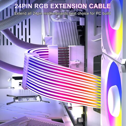 Sirlyr 24 Pin RGB PSU Cables,ARGB PC Cable for Motherboard Power Supply Extension - 5V 3Pin Addressable Four Sides Lighting RGB Strips Decor Computer Case White in Kuwait
