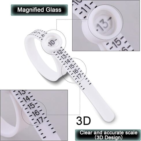 مجموعة قياس مقاس الخاتم قطعتين من amaxiu، مقاس الخاتم القابل لإعادة الاستخدام مع أداة قياس حجم الخاتم الزجاجي المكبر مقاس الإصبع، أداة مقاس المجوهرات للرجال والنساء (أبيض) in Kuwait