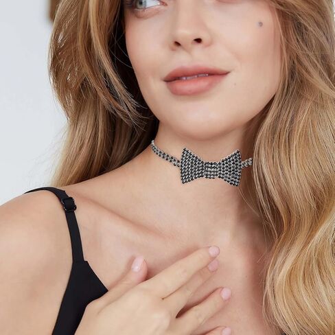 Sethexy Sparkly Rhinestone Choker Glitter Bowtie Necklace Bowknot Tennis Chain Party Nightclub Wedding Costume Jewelry for Women and Girls in Kuwait