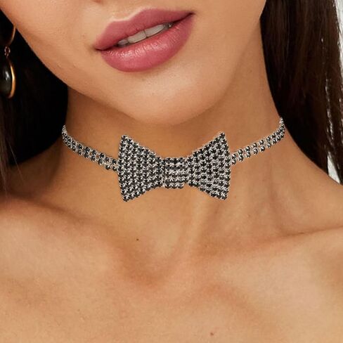 Sethexy Sparkly Rhinestone Choker Glitter Bowtie Necklace Bowknot Tennis Chain Party Nightclub Wedding Costume Jewelry for Women and Girls in Kuwait